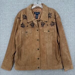 Vintage Denim Co Suede Leather Jacket Womens Large Brown Floral Embroidered Boho